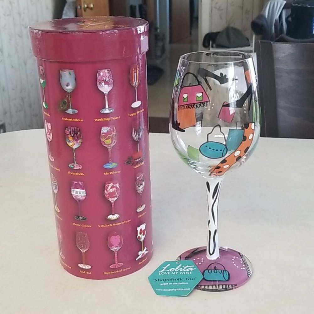 Lolita Love My Wine "Shopaholic, Too" ~ 15 oz Wine Goblet ~ Hand Painted W Box